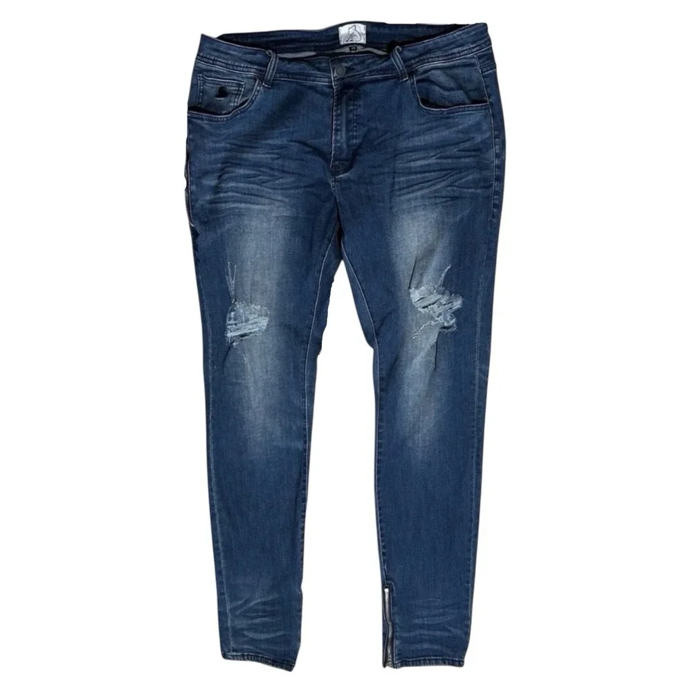 KUWALLA TEE Blue Skinny Jeans sz 34 Distressed Denim Ankle Zip Streetwear KUL-K2
